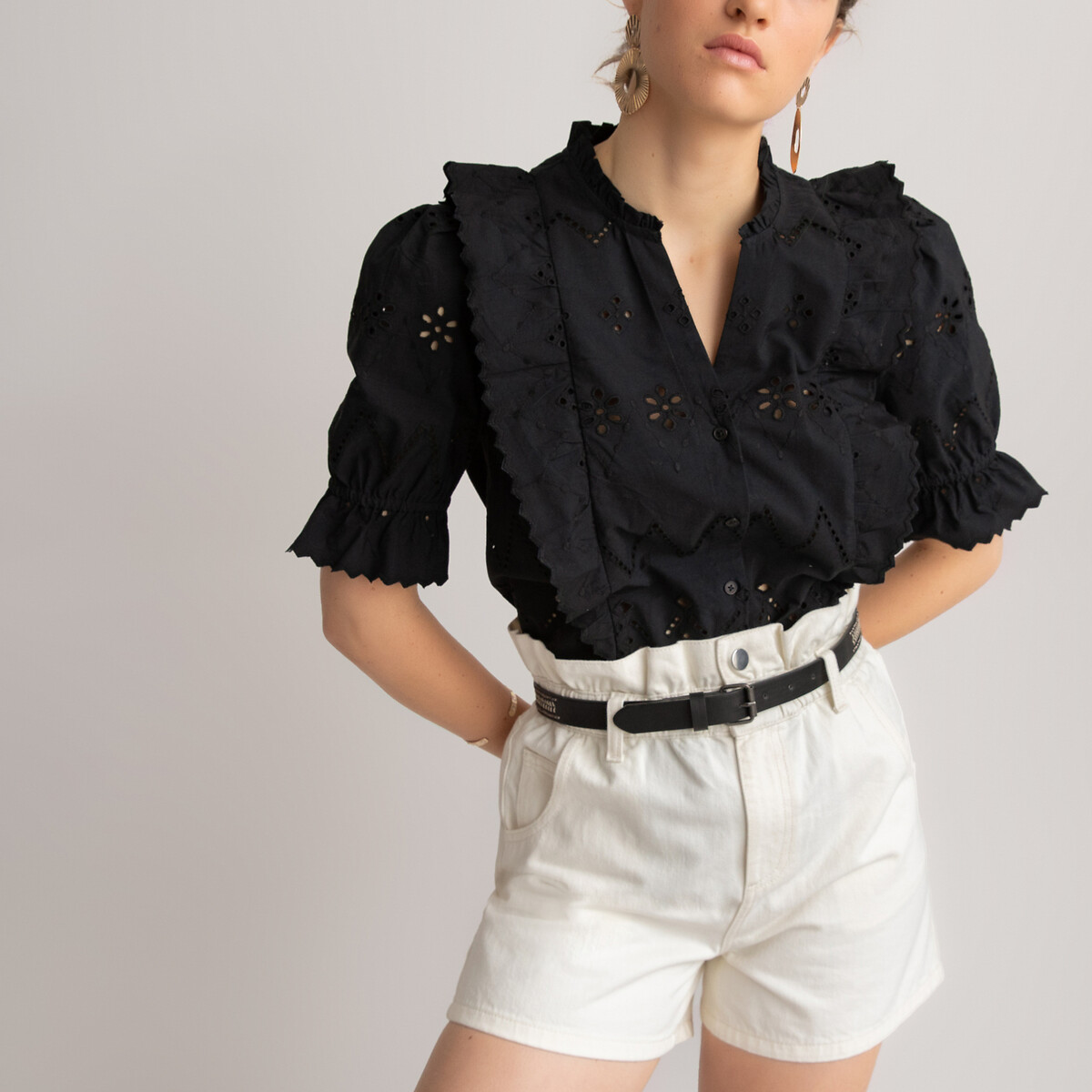 Cotton Broderie Anglaise Shirt with Short Sleeves