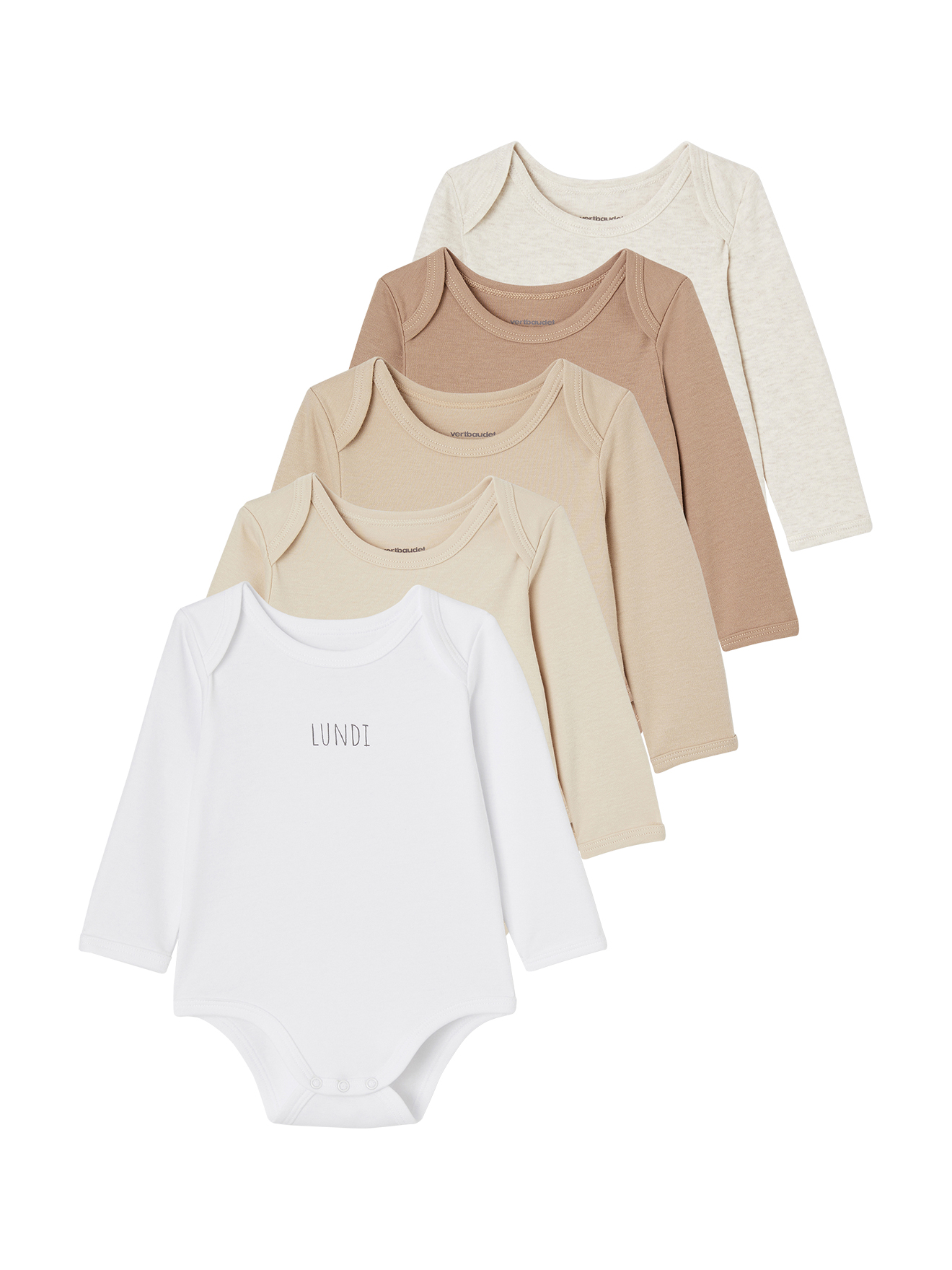 Lot 5 bodies manches longues BASICS emmanchures US en coton bio, VERTBAUDET
