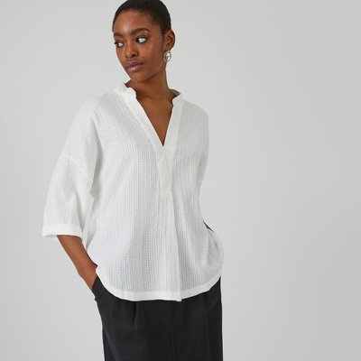 Textured Cotton Blouse with Mandarin Collar LA REDOUTE COLLECTIONS