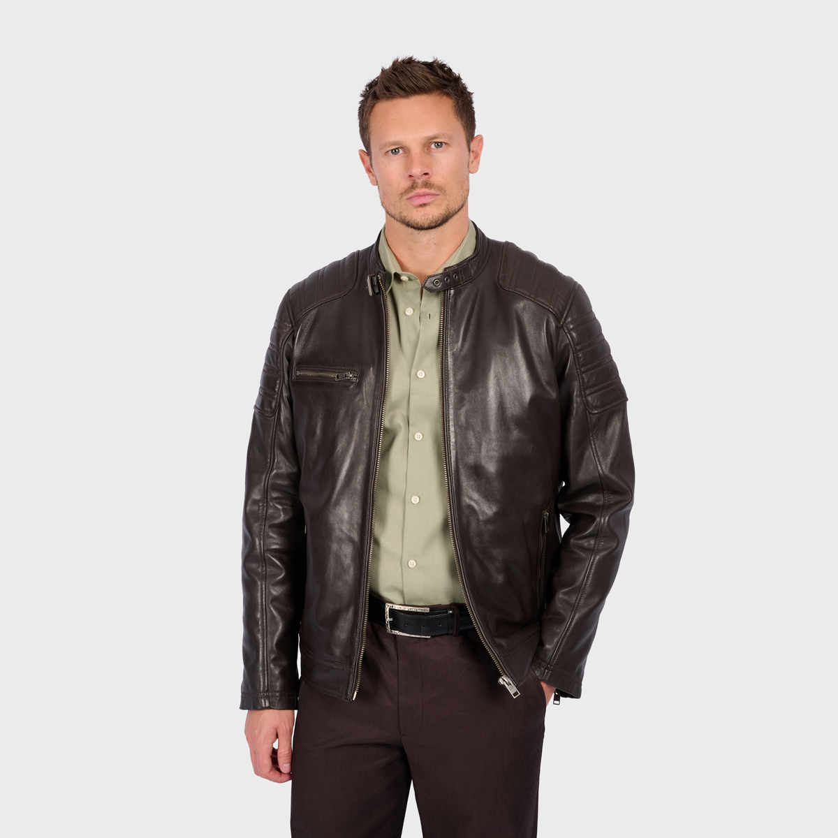 Veste en cuir zippé Col mao SHELBY, OAKWOOD