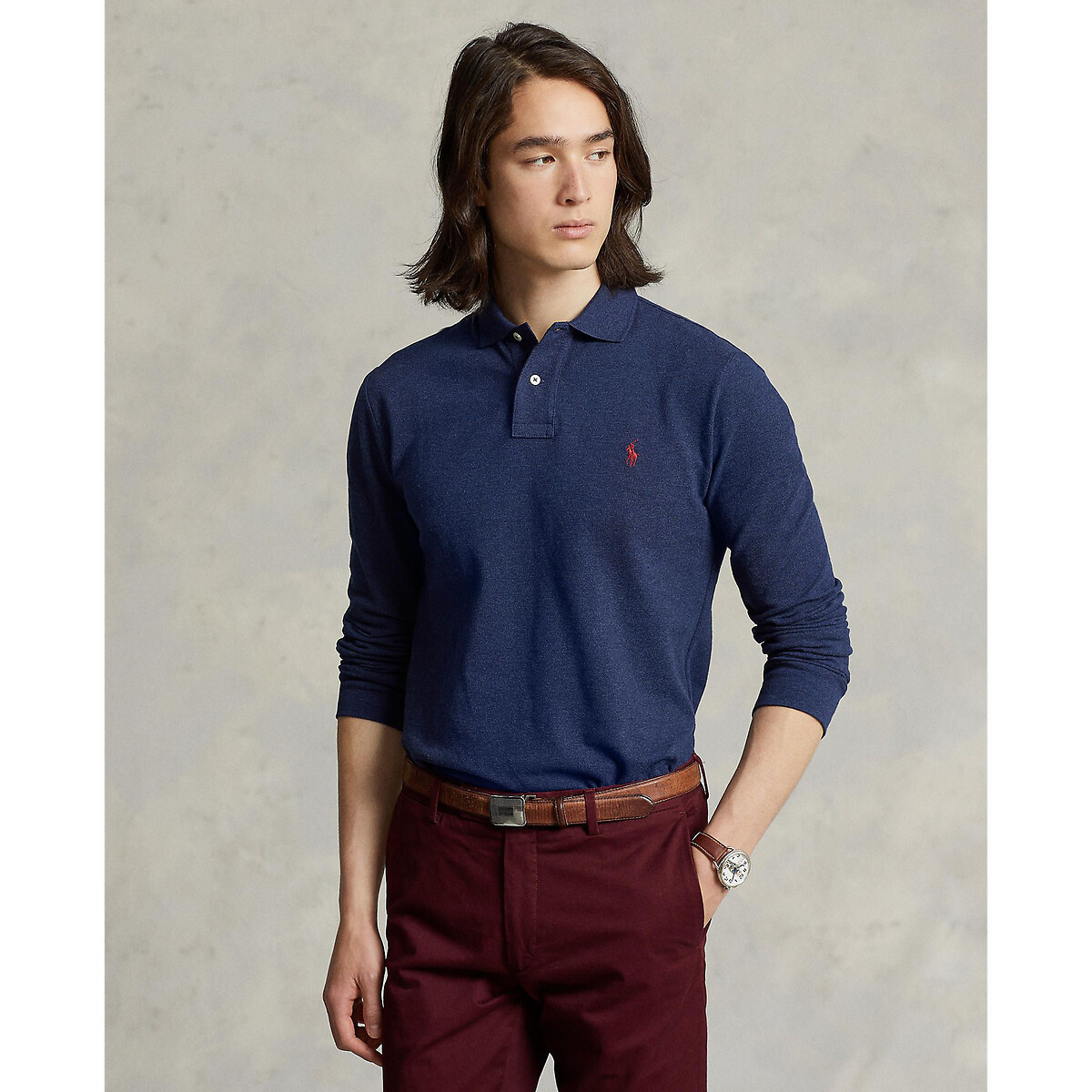 Image of Long-Sleeved Cotton Polo Shirt