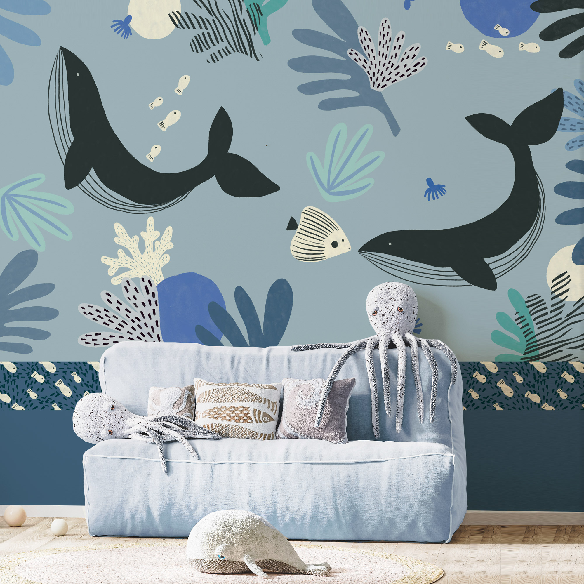 Papier peint panoramique Baleines, Bleu 300 x 250cm, ACTE DECO
