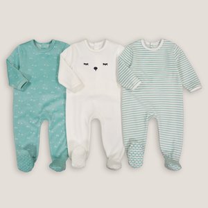 Pack of 3 Velour Sleepsuits in Cotton Mix, Birth-3 Years LA REDOUTE COLLECTIONS image