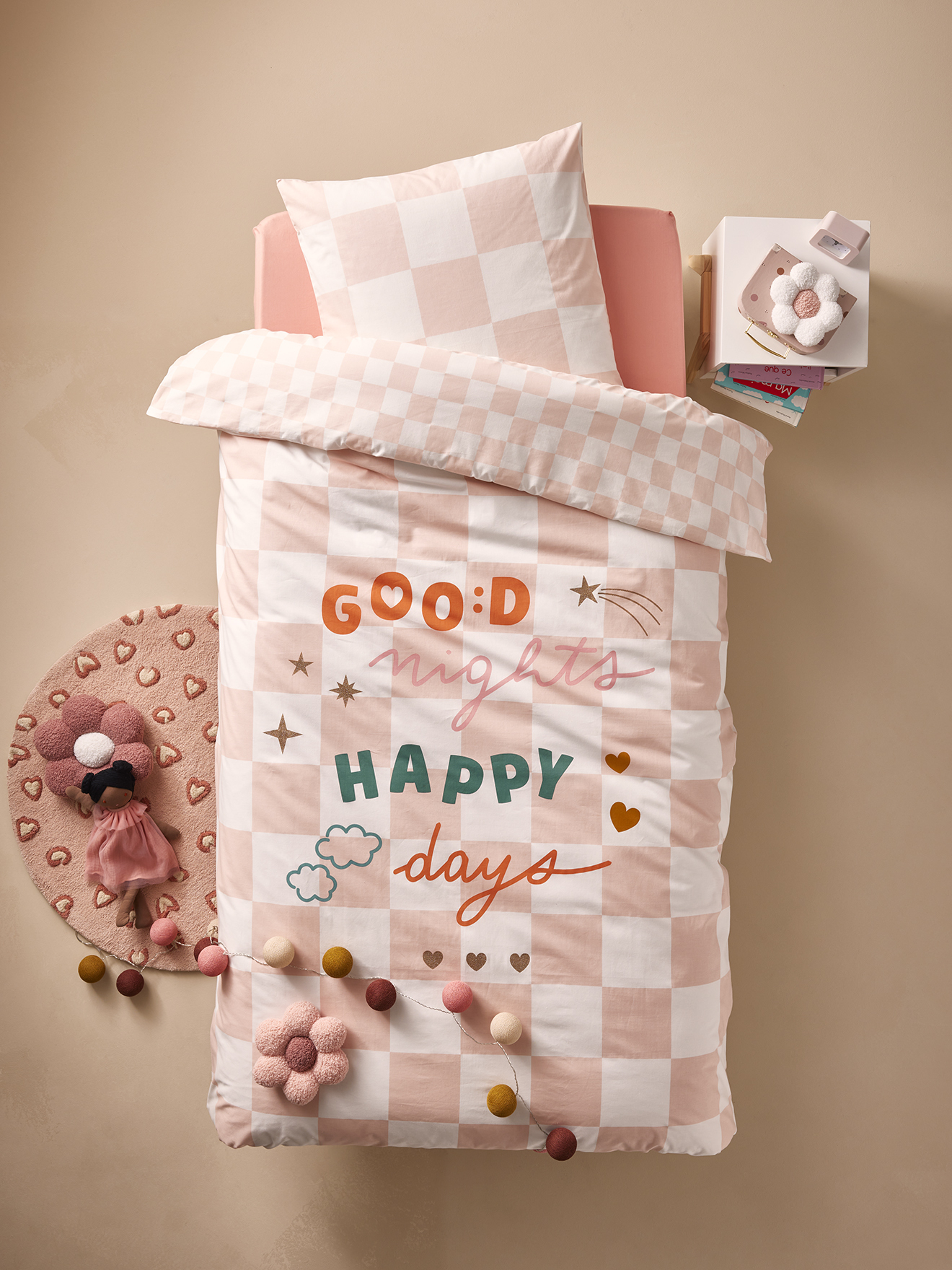 Parure housse de couette + taie oreiller DAMIER GOOD VIBES, avec coton recyclé, VERTBAUDET
