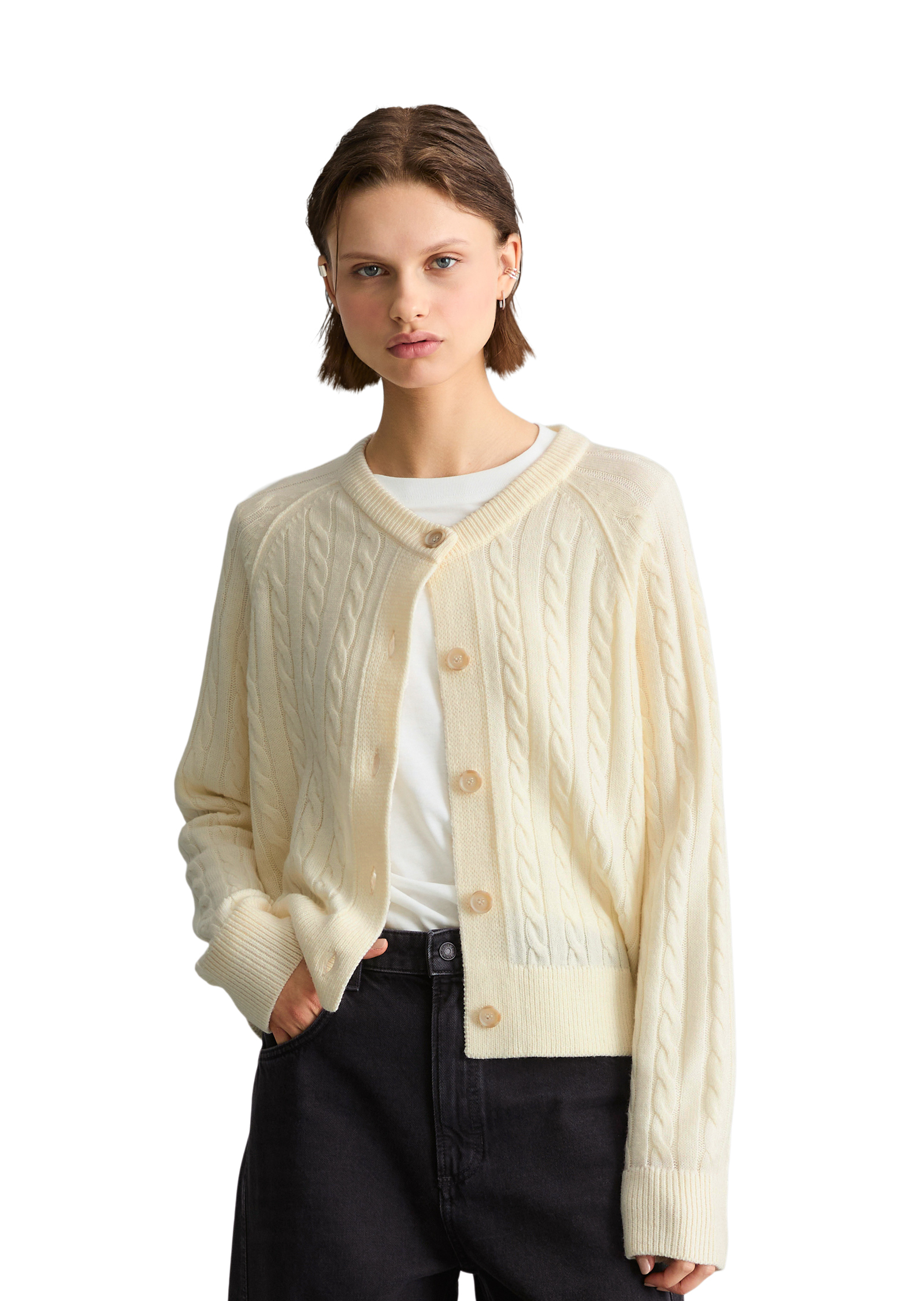 Cardigan oversize à mailles torsadées en mélange de laine vierge douce, MARC O’POLO DENIM