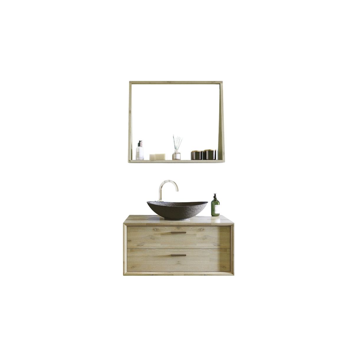 meuble de salle bain en bois 80 vasque et miroir - ensemble fuji
